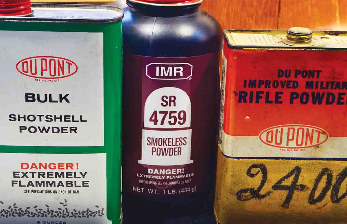 Obsolete, discontinued and outright puzzling powders should be approached with care. DuPont Bulk Shotshell and IMR SR-4759 are both discontinued, but loading data can be found. The canister on the right, marked Improved Military Rifle, indicates it was originally a DuPont container, but supposedly contains Hercules (now Alliant) 2400 – a loud and obvious warning!